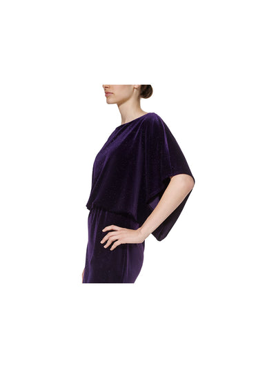 JESSICA HOWARD Womens Purple Glitter Ruched Dolman Sleeve Boat Neck Above The Knee Party Blouson Dress Petites 4P