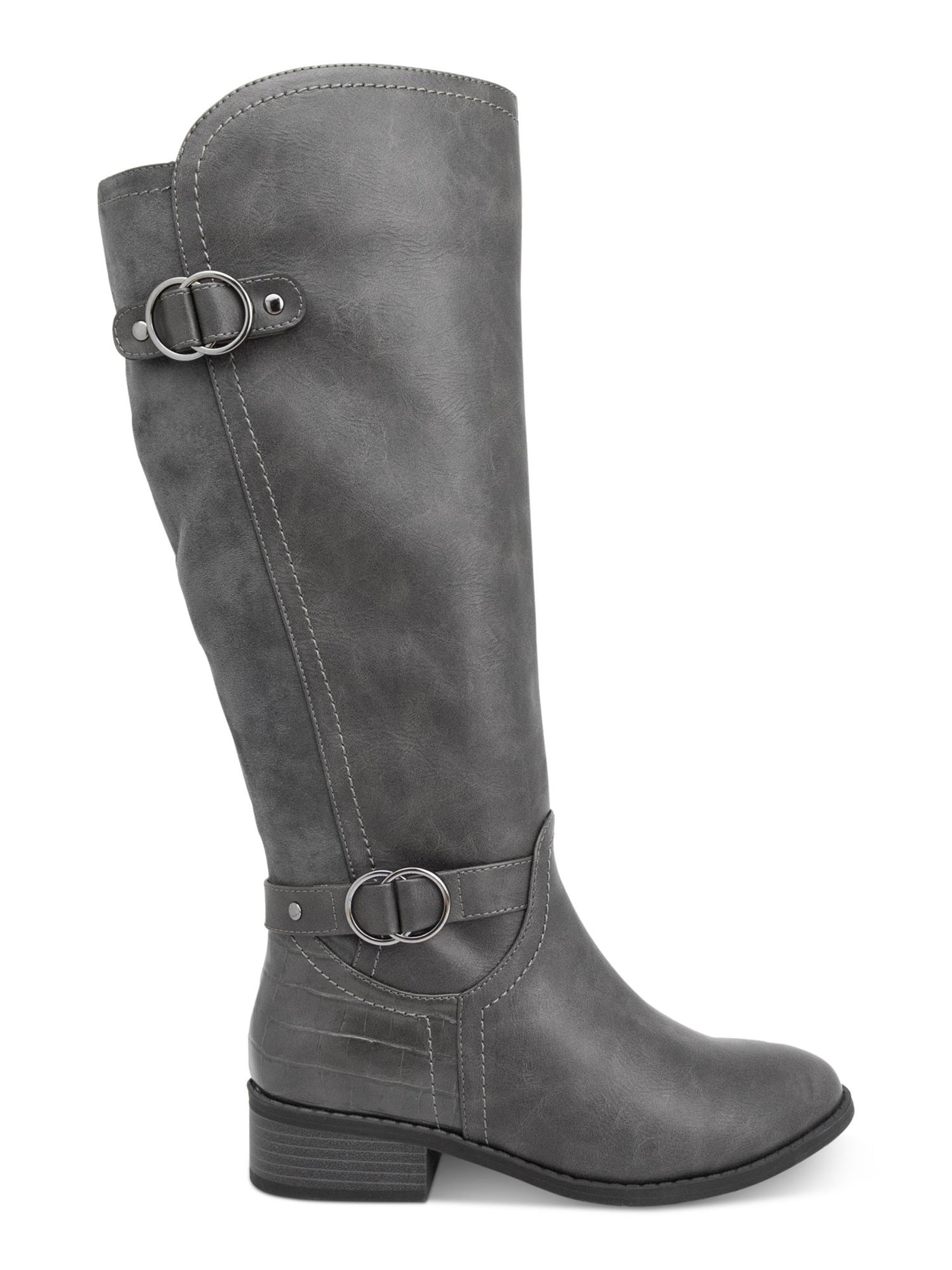 KAREN SCOTT Womens Gray Buckle Accent Asymmetrical  Wide Calf Croc Accent Cushioned Goring Leandraa Almond Toe Block Heel Zip-Up Dress Riding Boot 7 W XWC