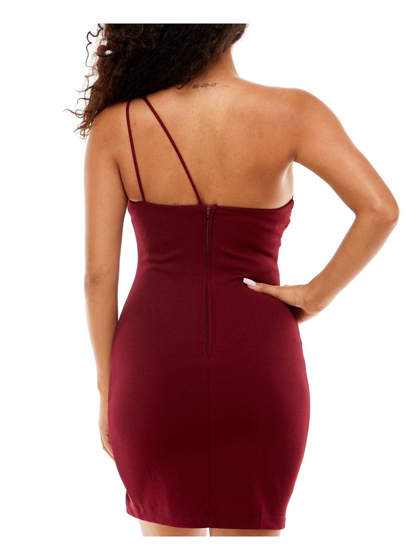 B DARLIN Womens Burgundy Stretch Slitted Zippered Scuba Crepe Sleeveless Asymmetrical Neckline Short Party Body Con Dress 1\2