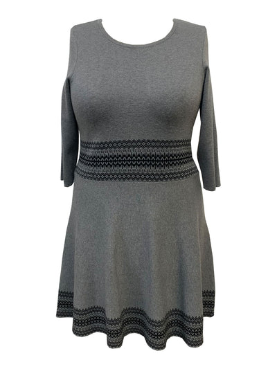 TAYLOR Womens Gray Knit Heather 3/4 Sleeve Jewel Neck Knee Length Wear To Work Fit + Flare Dress Plus 1X