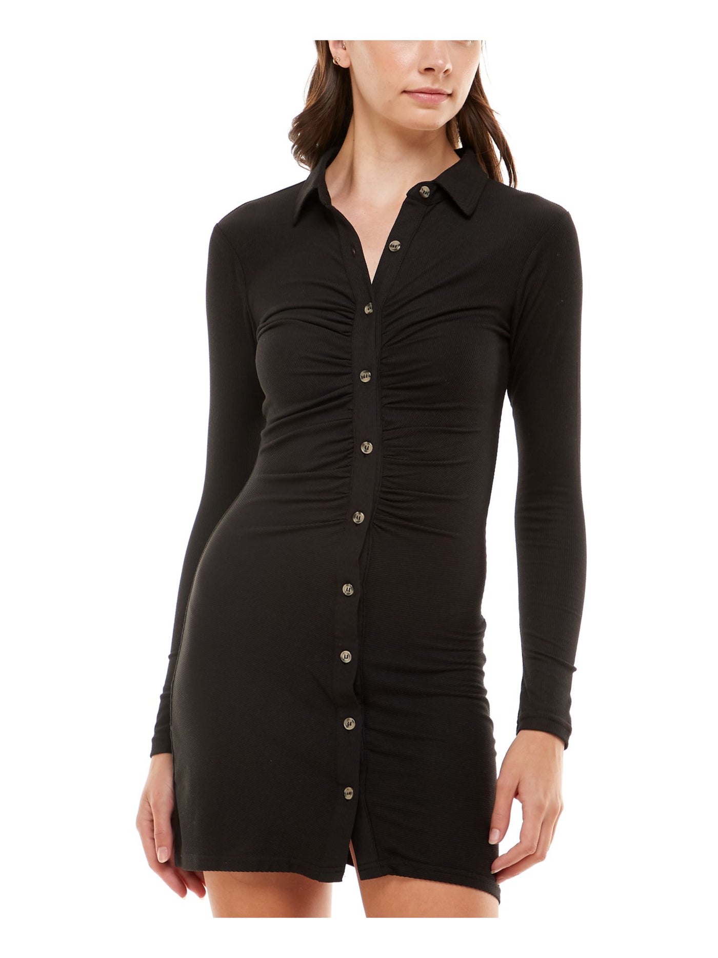 ULTRA FLIRT Womens Black Stretch Ruched Button-down Long Sleeve Collared Short Party Shirt Dress XS