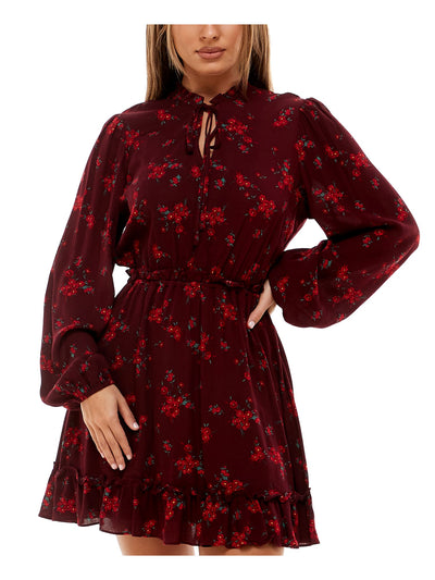 B DARLIN Womens Burgundy Ruffled Split Neck With Tie Floral Long Sleeve Short Party Fit + Flare Dress 15\16