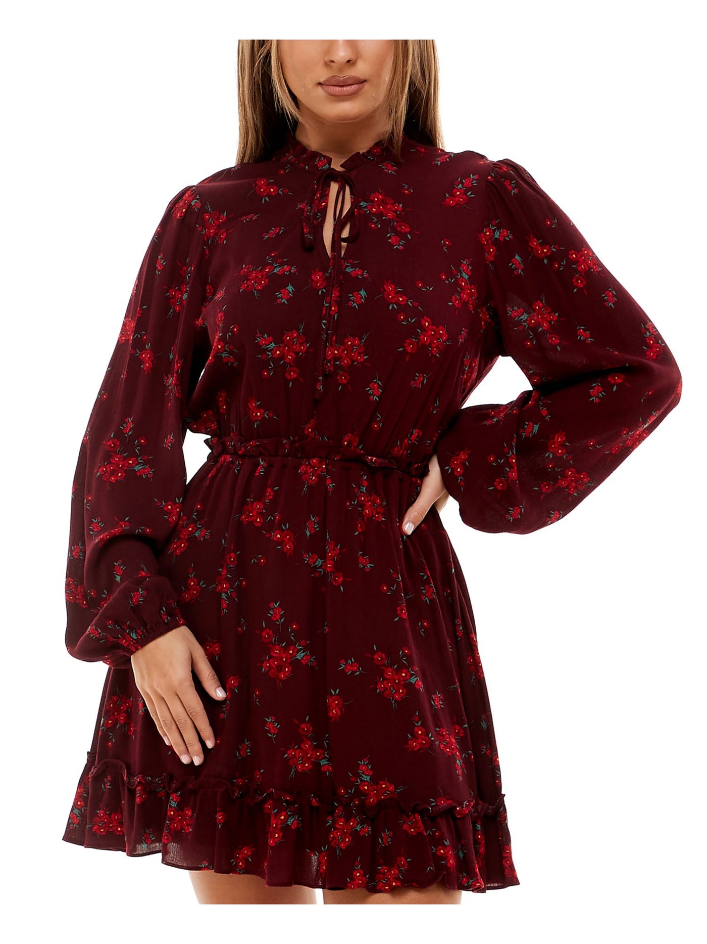 B DARLIN Womens Burgundy Ruffled Split Neck With Tie Floral Long Sleeve Short Party Fit + Flare Dress 9\10