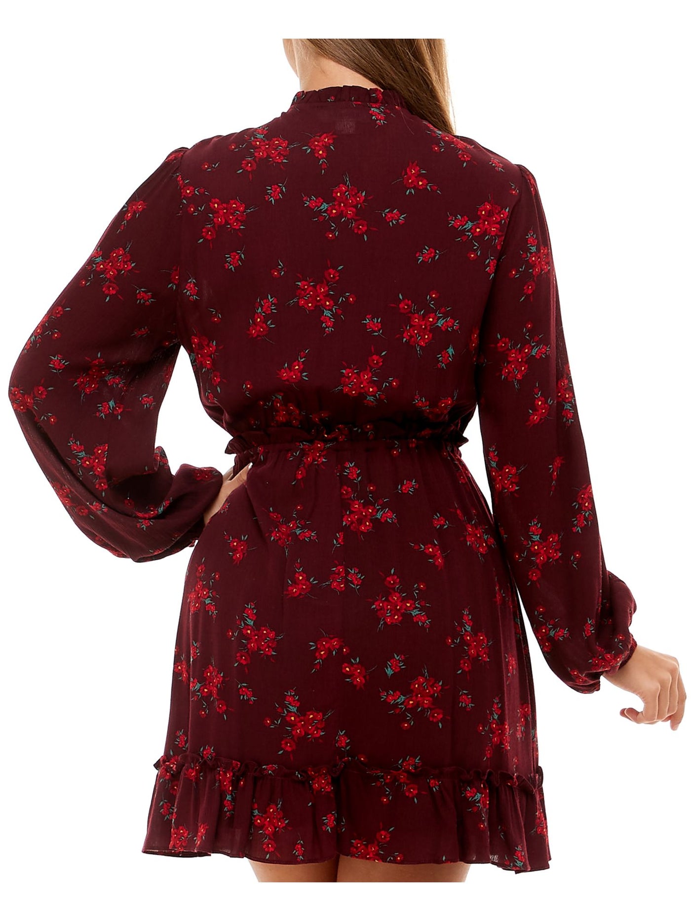 B DARLIN Womens Burgundy Ruffled Split Neck With Tie Floral Long Sleeve Short Party Fit + Flare Dress 7\8