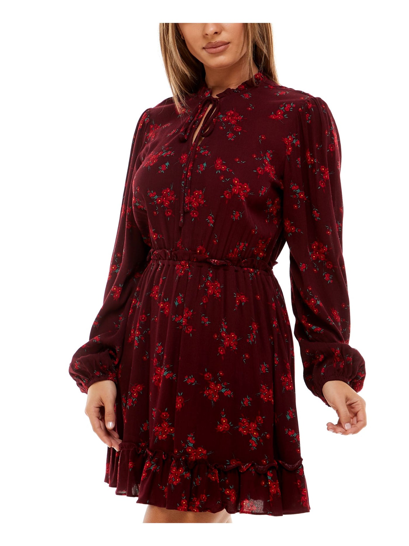 B DARLIN Womens Burgundy Ruffled Flounce Hem Floral Long Sleeve Tie Neck Short Party Fit + Flare Dress 5\6