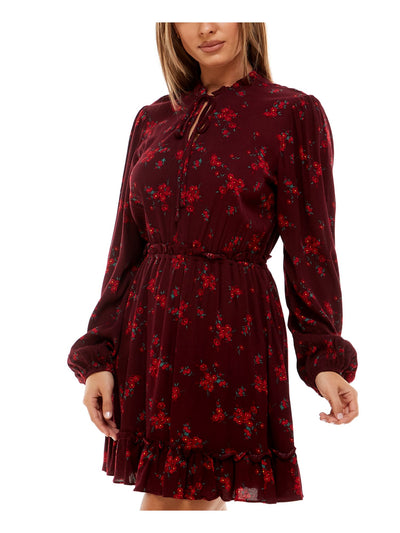 B DARLIN Womens Burgundy Ruffled Split Neck With Tie Floral Long Sleeve Short Party Fit + Flare Dress 7\8