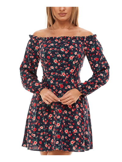 B DARLIN Womens Navy Zippered Floral Long Sleeve Off Shoulder Short Evening Fit + Flare Dress 13\14