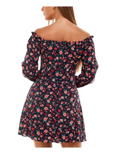 B DARLIN Womens Navy Zippered Floral Long Sleeve Off Shoulder Short Evening Fit + Flare Dress 3\4