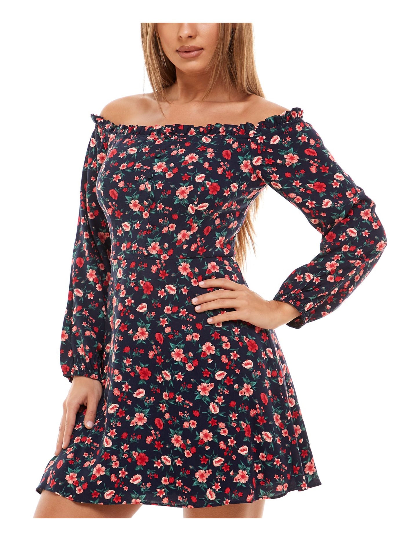 B DARLIN Womens Navy Zippered Floral Long Sleeve Off Shoulder Short Evening Fit + Flare Dress 9\10