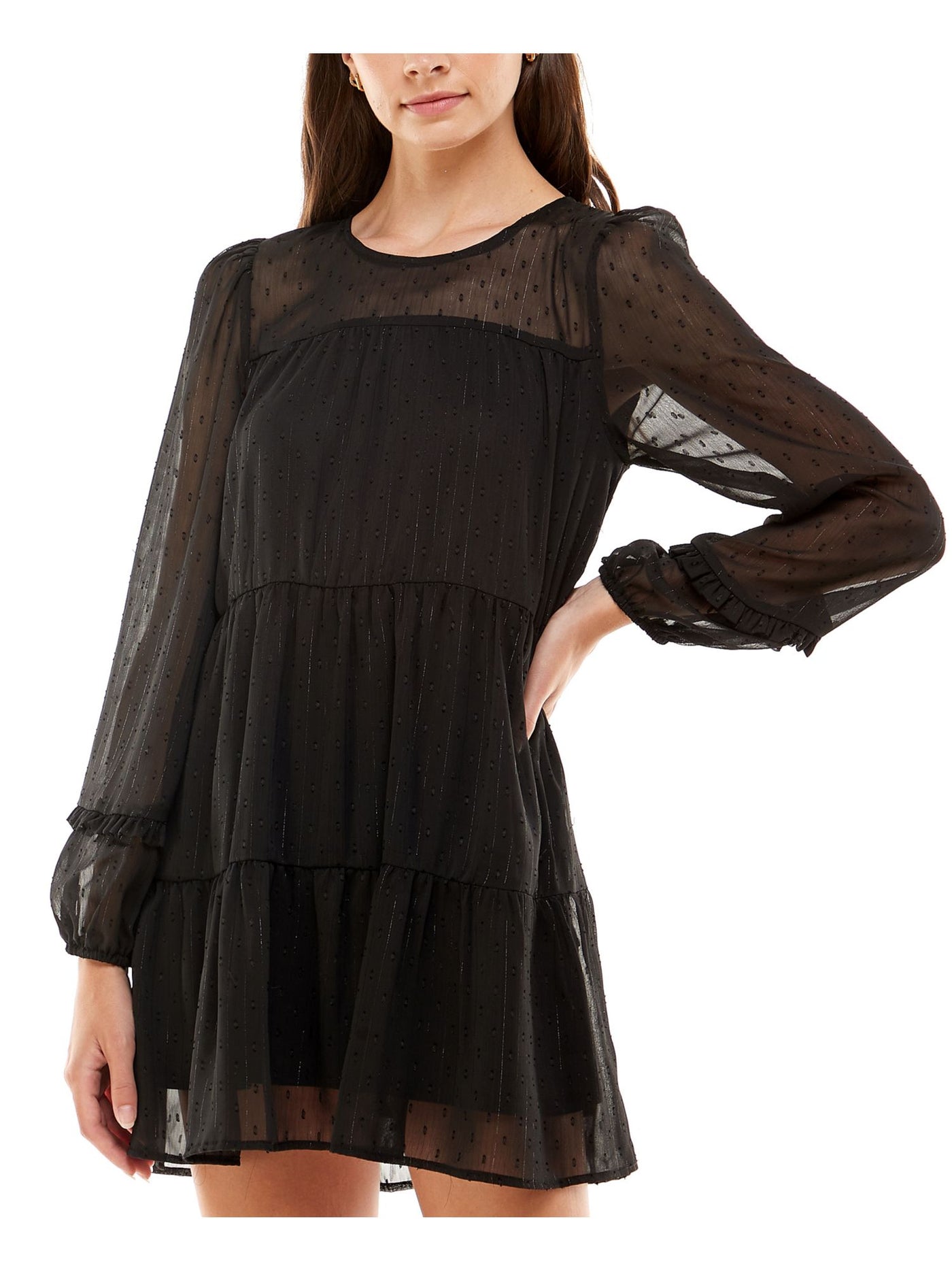 CRYSTAL DOLLS Womens Black Ruffled Chiffon Keyhole Back Tiered Line Long Sleeve Jewel Neck Short Dress M