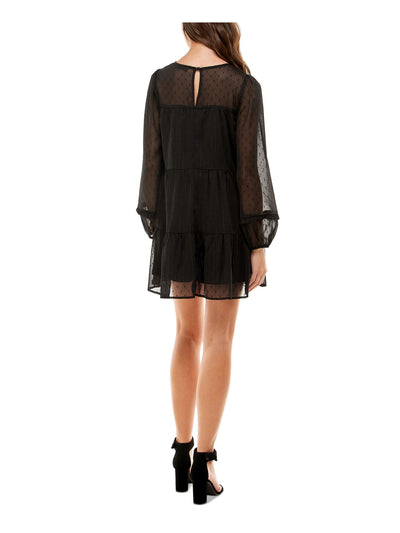 CRYSTAL DOLLS Womens Black Ruffled Chiffon Keyhole Back Tiered Line Long Sleeve Jewel Neck Short Dress M