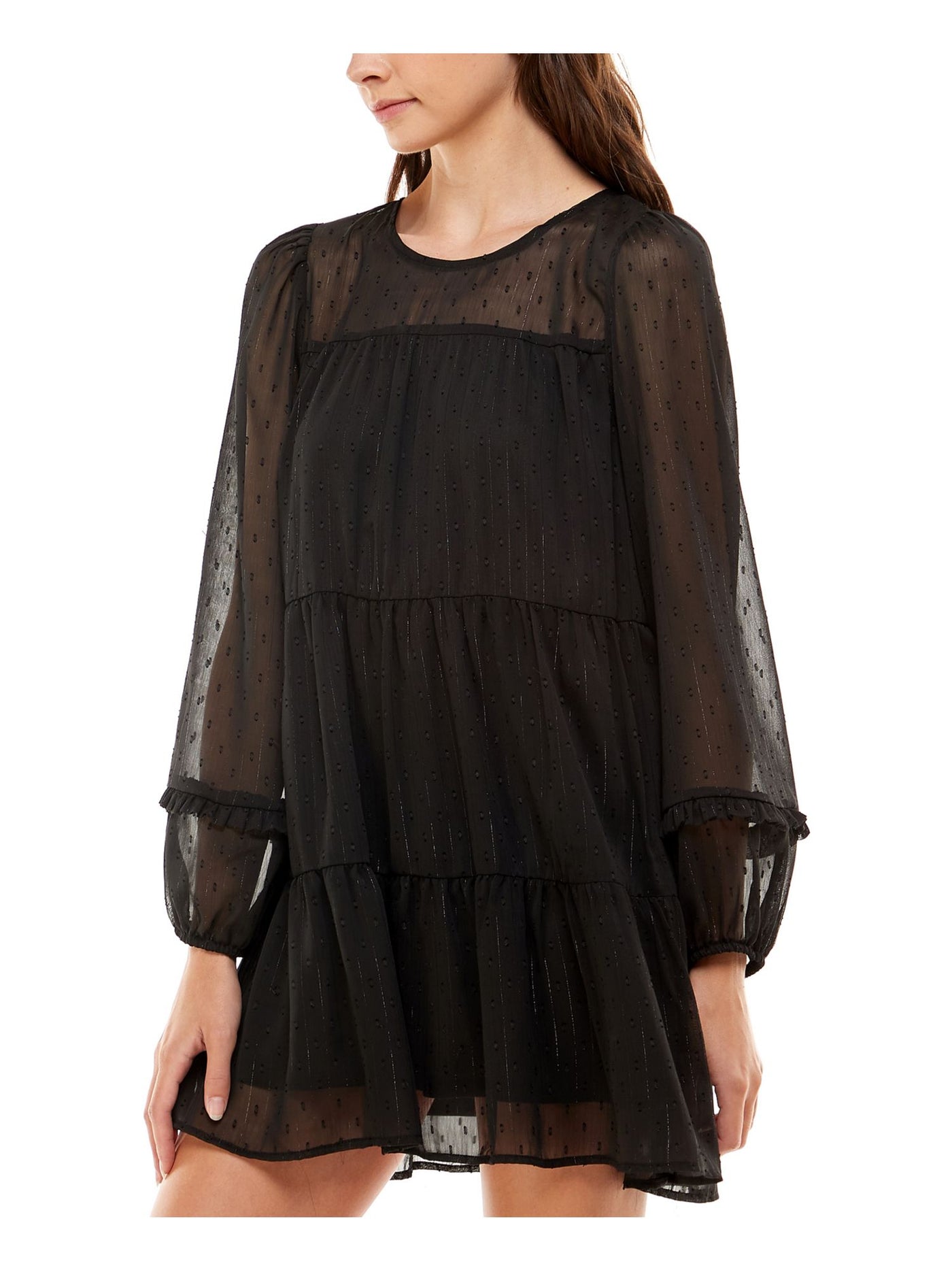 CRYSTAL DOLLS Womens Black Ruffled Chiffon Keyhole Back Tiered Line Long Sleeve Jewel Neck Short Dress M