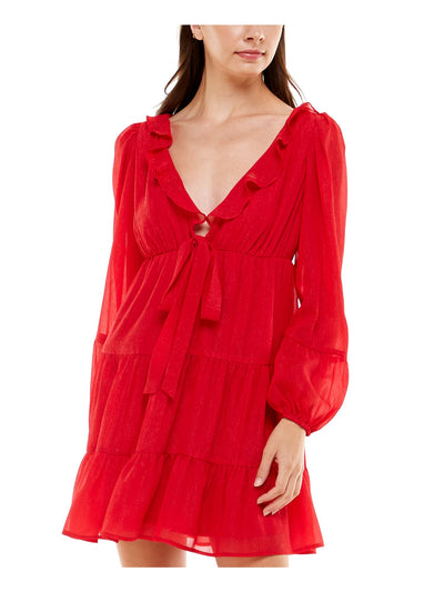 CRYSTAL DOLLS Womens Red Ruffled Tie Elastic Waist Tiered Skirt Lined Long Sleeve V Neck Short Party Fit + Flare Dress S