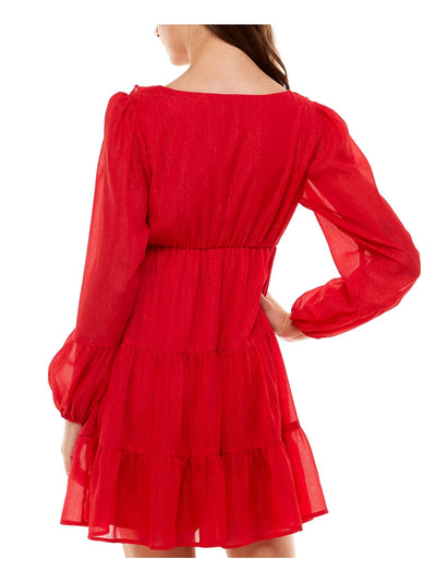 CRYSTAL DOLLS Womens Red Ruffled Tie Elastic Waist Tiered Skirt Lined Long Sleeve V Neck Short Party Fit + Flare Dress S
