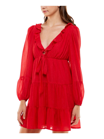 CRYSTAL DOLLS Womens Red Ruffled Tie Elastic Waist Tiered Skirt Lined Long Sleeve V Neck Short Party Fit + Flare Dress S