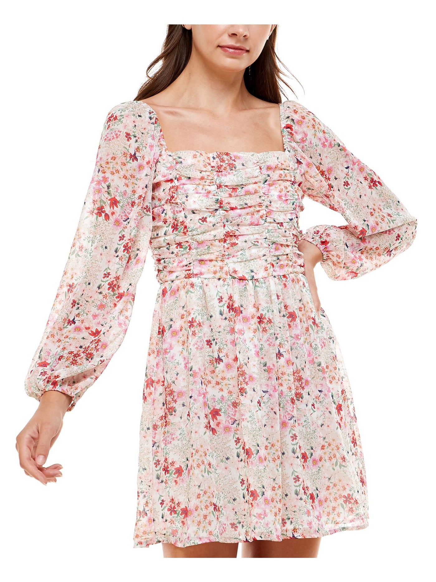 CRYSTAL DOLLS Womens Ivory Stretch Zippered Smocked Ruched Bodice Chiffon Lined Floral Long Sleeve Square Neck Short Party Fit + Flare Dress M