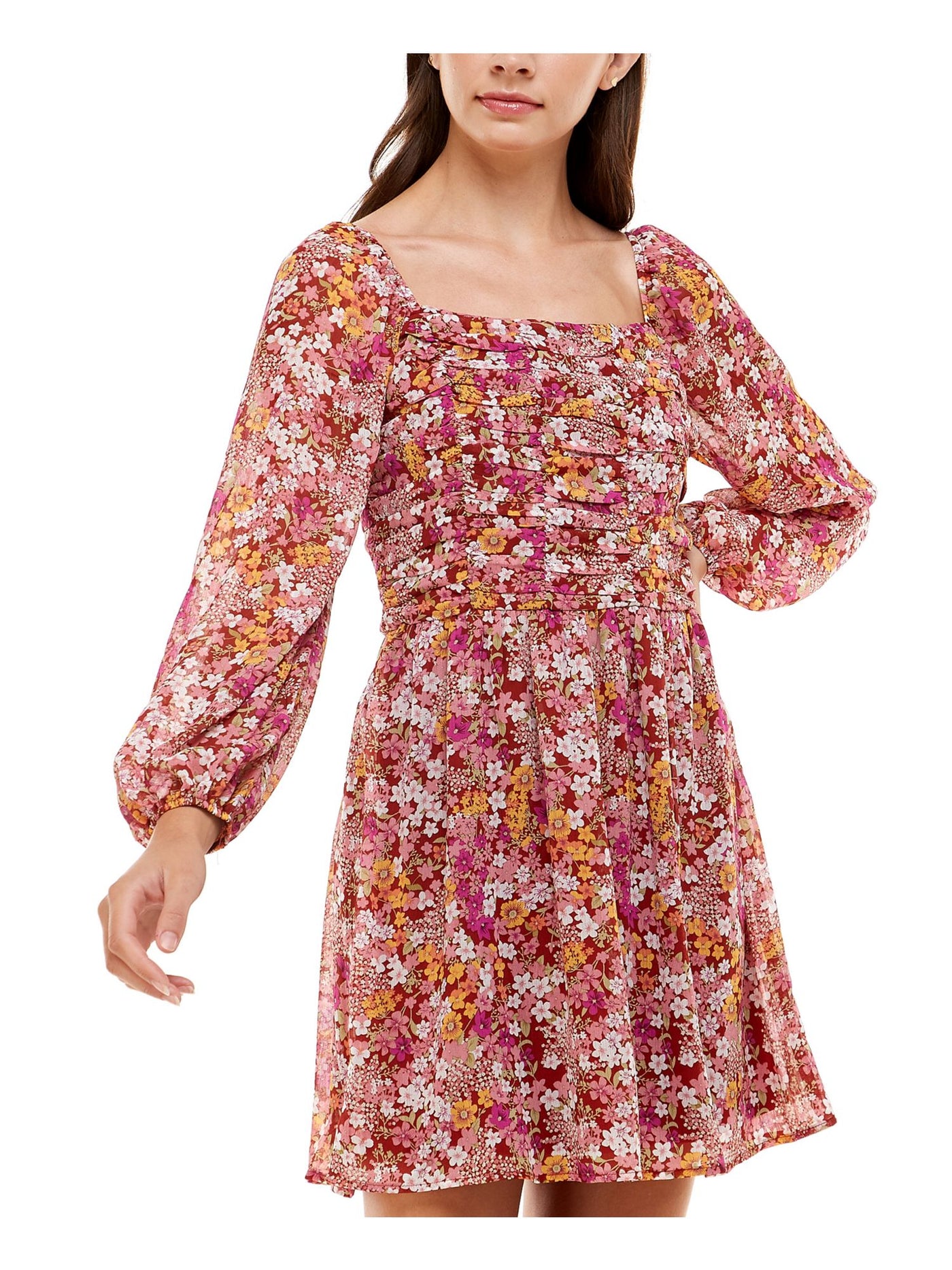 CRYSTAL DOLLS Womens Maroon Stretch Zippered Smocked Ruched Bodice Chiffon Lined Floral Long Sleeve Square Neck Short Fit + Flare Dress M