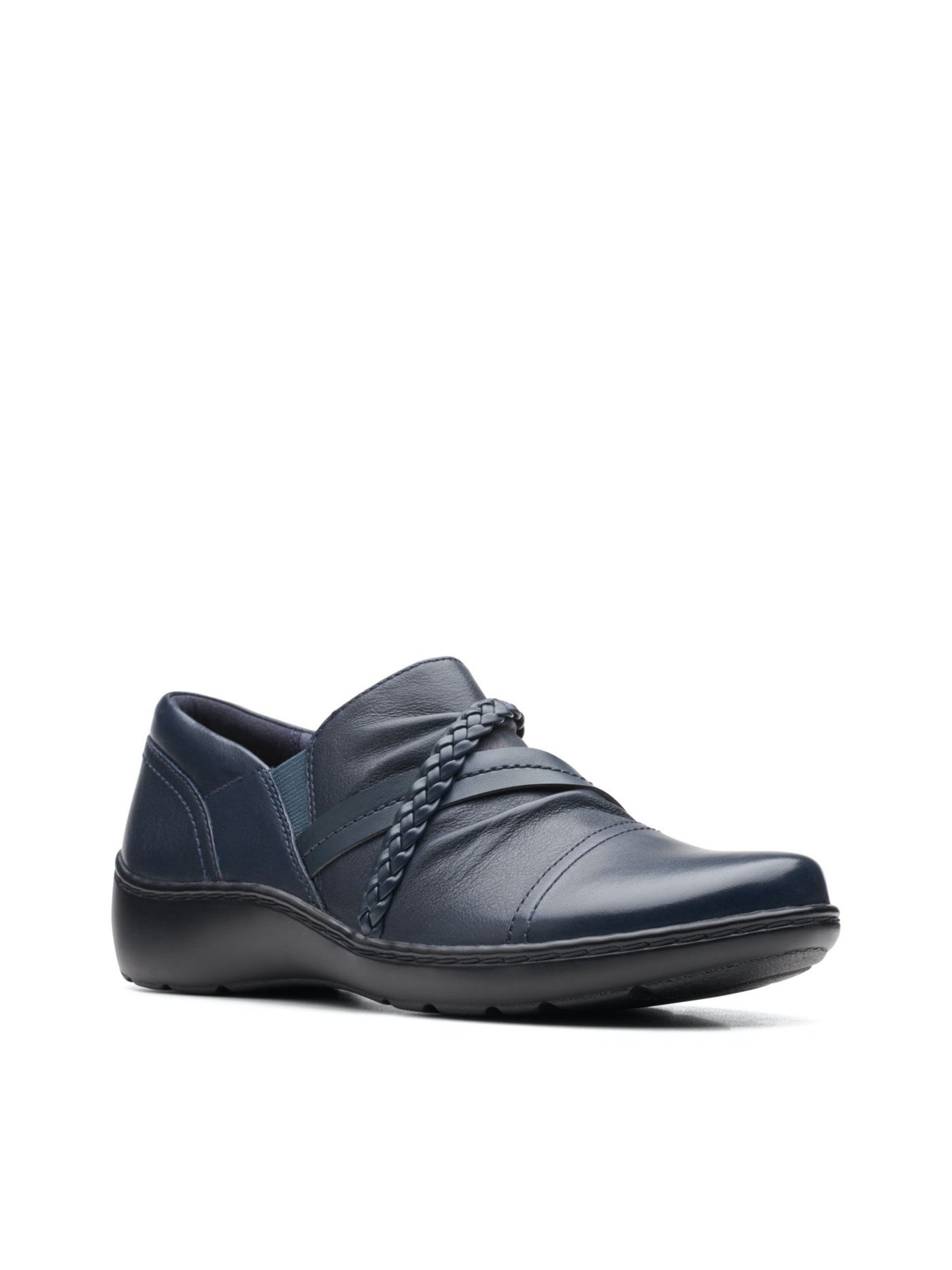 COLLECTION BY CLARKS Womens Navy Cushioned Ruched Braided Cora Round Toe Wedge Slip On Leather Flats Shoes 7.5 M