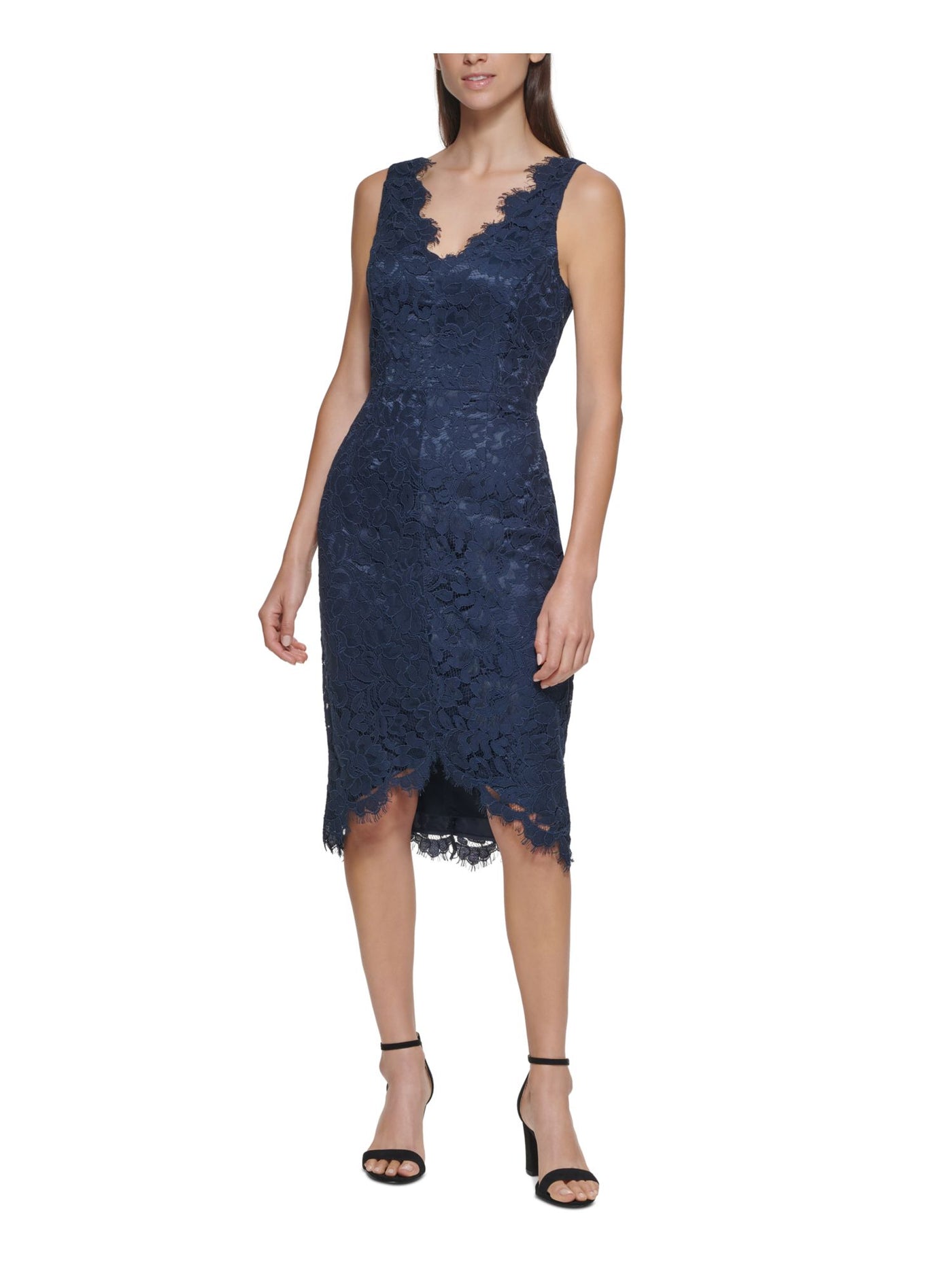 ELIZA J Womens Lace Zippered Frayed Trim Lined Sleeveless V Neck Below The Knee Formal Hi-Lo Dress