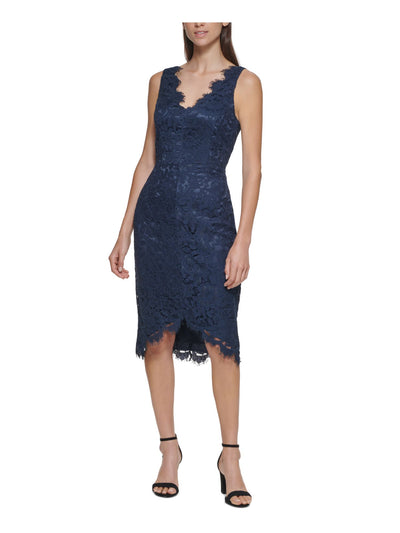 ELIZA J Womens Lace Zippered Frayed Trim Lined Sleeveless V Neck Below The Knee Formal Hi-Lo Dress