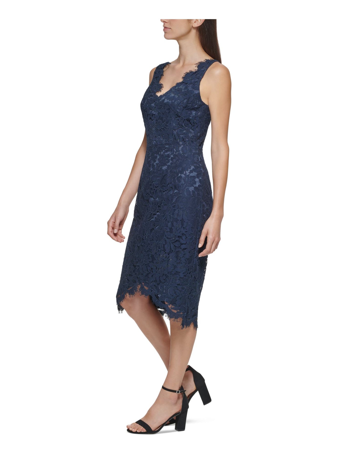 ELIZA J Womens Lace Zippered Frayed Trim Lined Sleeveless V Neck Below The Knee Formal Hi-Lo Dress