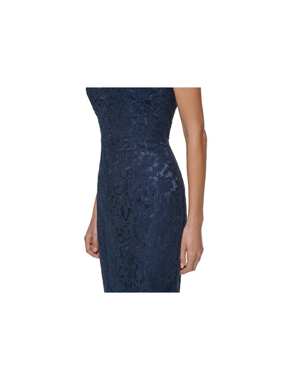 ELIZA J Womens Lace Zippered Frayed Trim Lined Sleeveless V Neck Below The Knee Formal Hi-Lo Dress