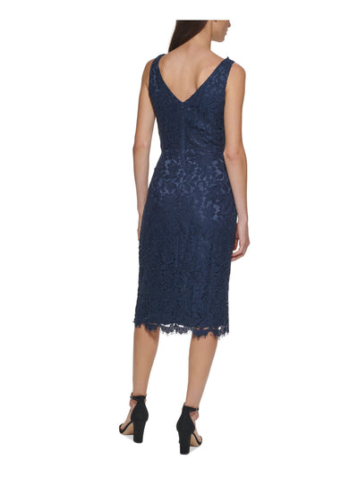 ELIZA J Womens Navy Lace Zippered Frayed Trim Lined Floral Sleeveless V Neck Below The Knee Formal Hi-Lo Dress 4