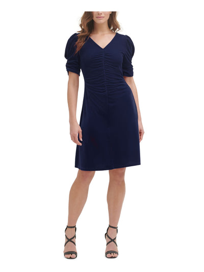 DKNY Womens Navy Ruched Zippered Velvet Textured Pouf Sleeve V Neck Knee Length Cocktail Sheath Dress 6