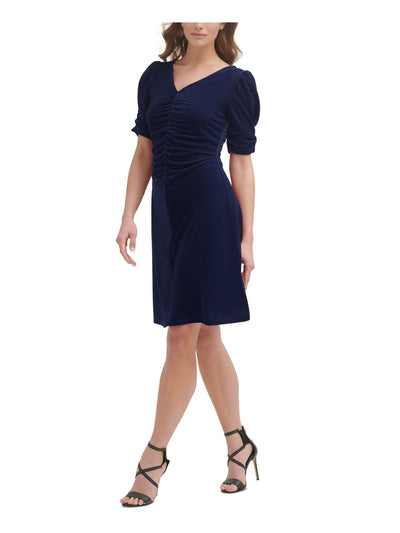 DKNY Womens Navy Ruched Zippered Velvet Textured Pouf Sleeve V Neck Knee Length Cocktail Sheath Dress 6