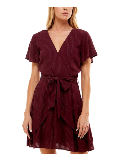 SPEECHLESS Womens Zippered Ruffled Tie-belt Layered Keyhole Flutter Sleeve Surplice Neckline Mini Cocktail Fit + Flare Dress