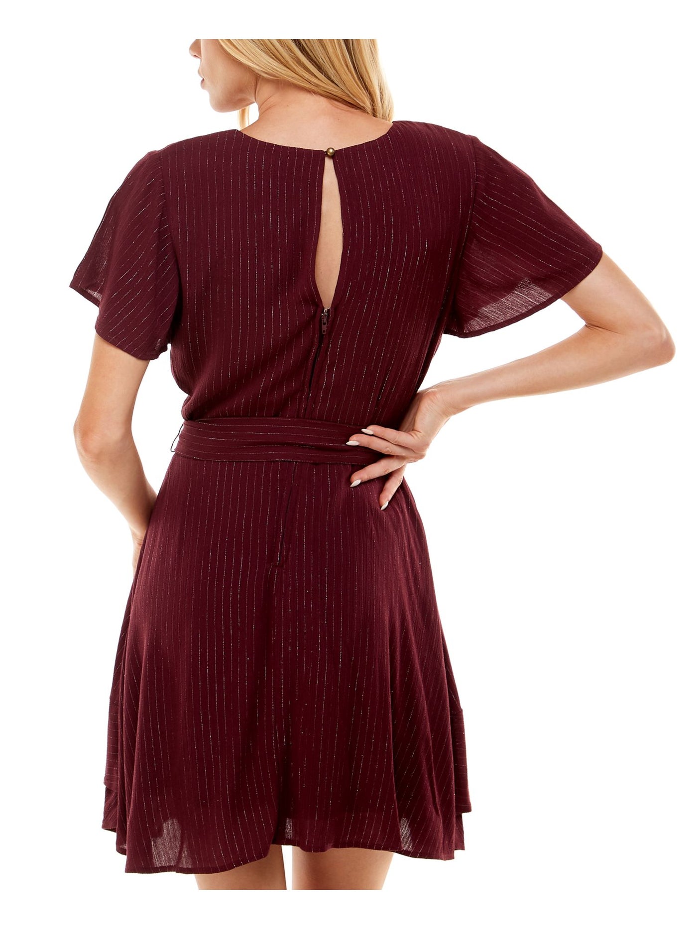 SPEECHLESS Womens Burgundy Zippered Ruffled Tie-belt Layered Keyhole Flutter Sleeve Surplice Neckline Mini Cocktail Fit + Flare Dress 11