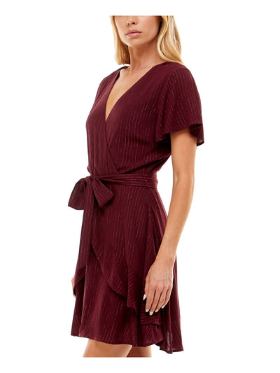 SPEECHLESS Womens Zippered Ruffled Tie-belt Layered Keyhole Flutter Sleeve Surplice Neckline Mini Cocktail Fit + Flare Dress