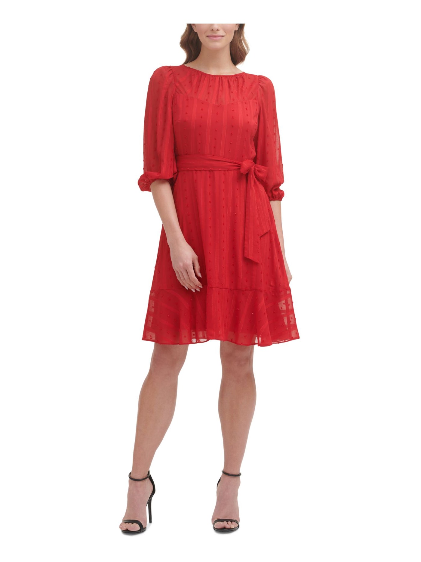 DKNY Womens Gathered Zippered Tie Sash Ruffled Hem Pouf Sleeve Jewel Neck Above The Knee Wear To Work Fit + Flare Dress