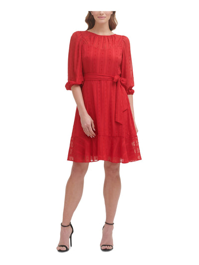 DKNY Womens Gathered Zippered Tie Sash Ruffled Hem Pouf Sleeve Jewel Neck Above The Knee Wear To Work Fit + Flare Dress