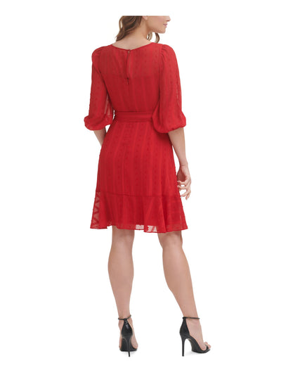 DKNY Womens Red Gathered Zippered Tie Sash Ruffled Hem Striped Pouf Sleeve Jewel Neck Above The Knee Wear To Work Fit + Flare Dress 2