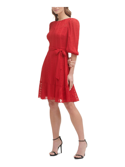 DKNY Womens Gathered Zippered Tie Sash Ruffled Hem Pouf Sleeve Jewel Neck Above The Knee Wear To Work Fit + Flare Dress