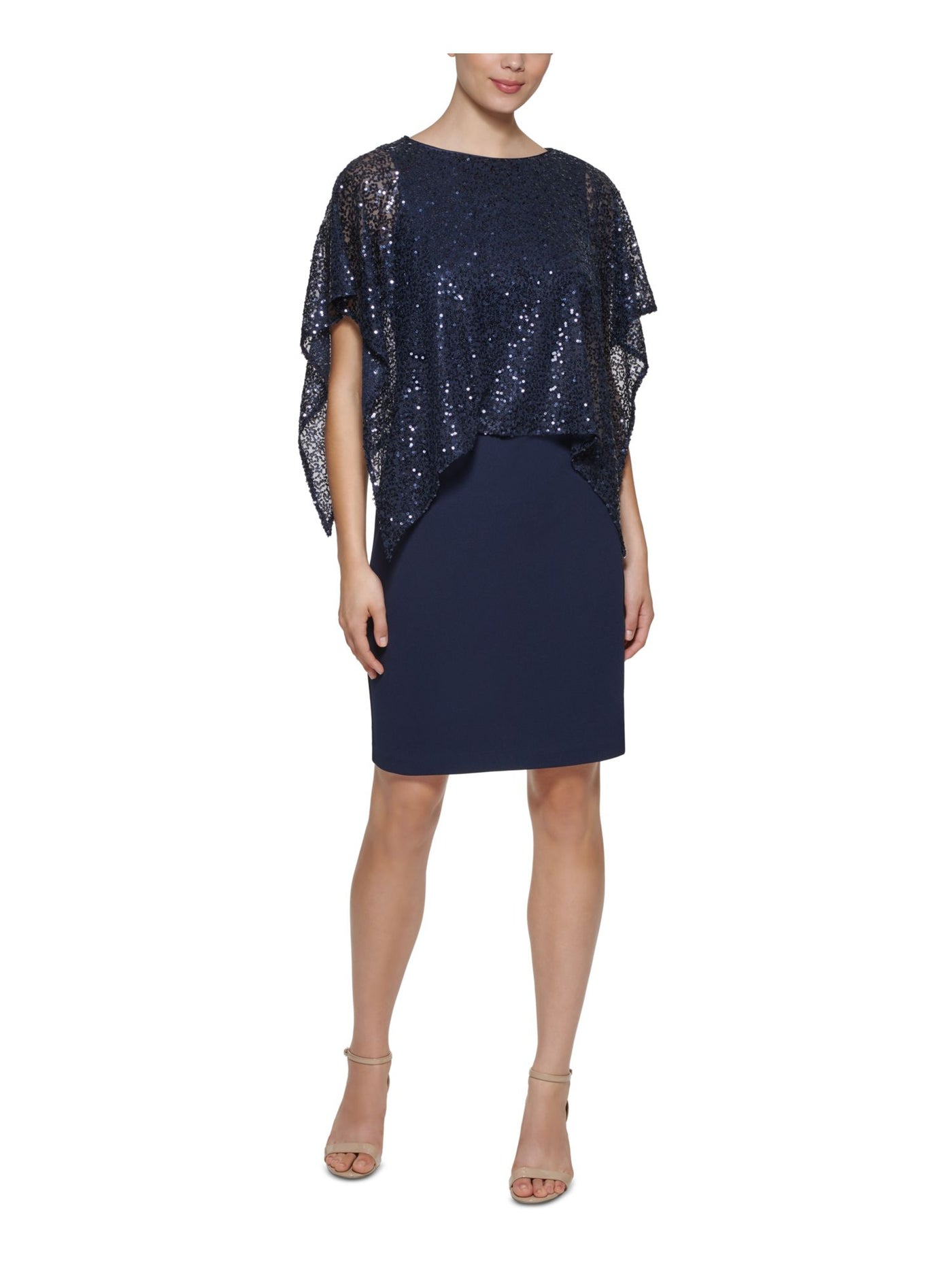 JESSICA HOWARD Womens Navy Sequined Zippered Sheer Draped Overlay Scuba Crepe Short Sleeve Boat Neck Above The Knee Evening Sheath Dress 8