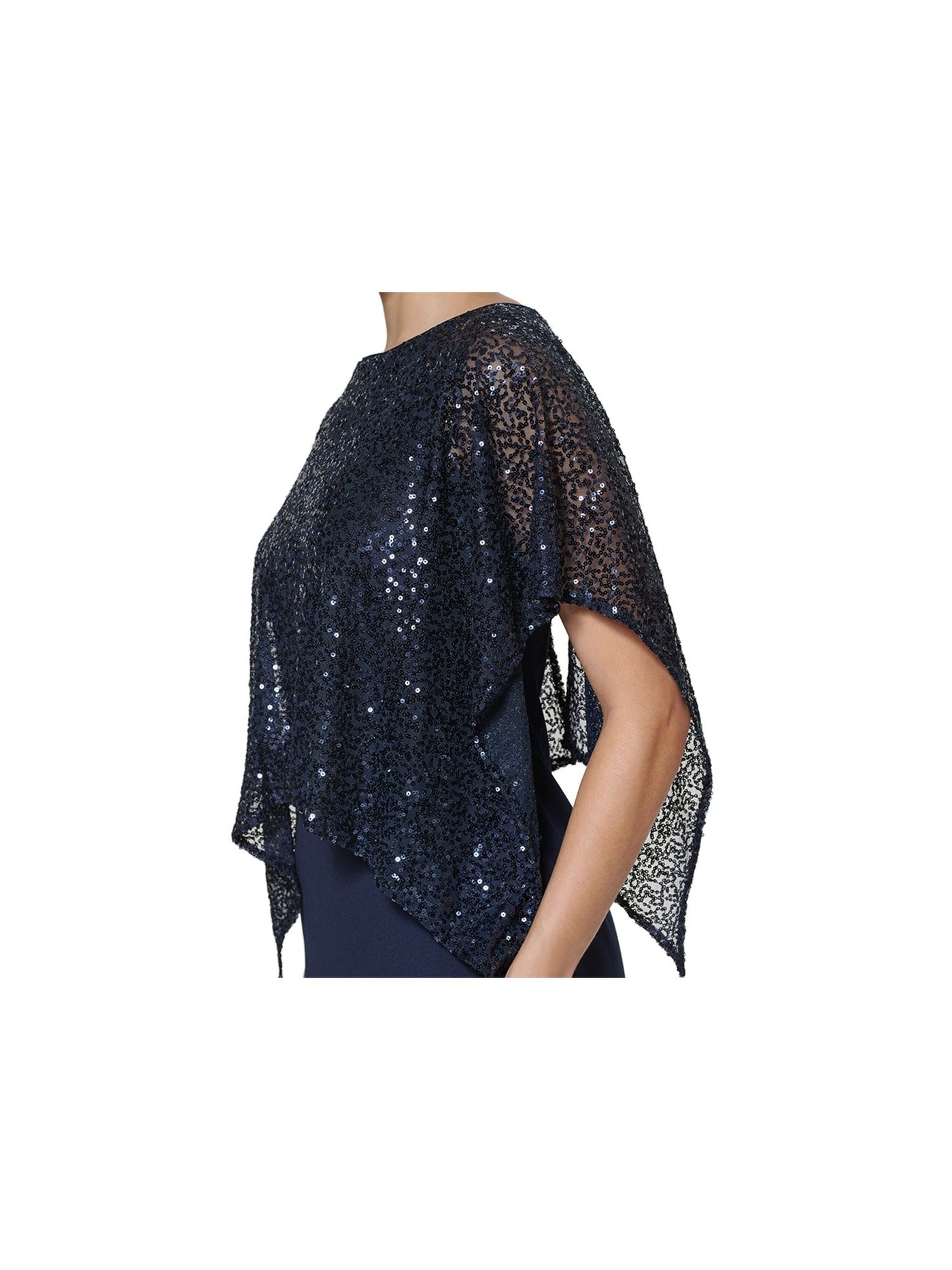 JESSICA HOWARD Womens Navy Sequined Zippered Sheer Draped Overlay Scuba Crepe Short Sleeve Boat Neck Above The Knee Evening Sheath Dress 8