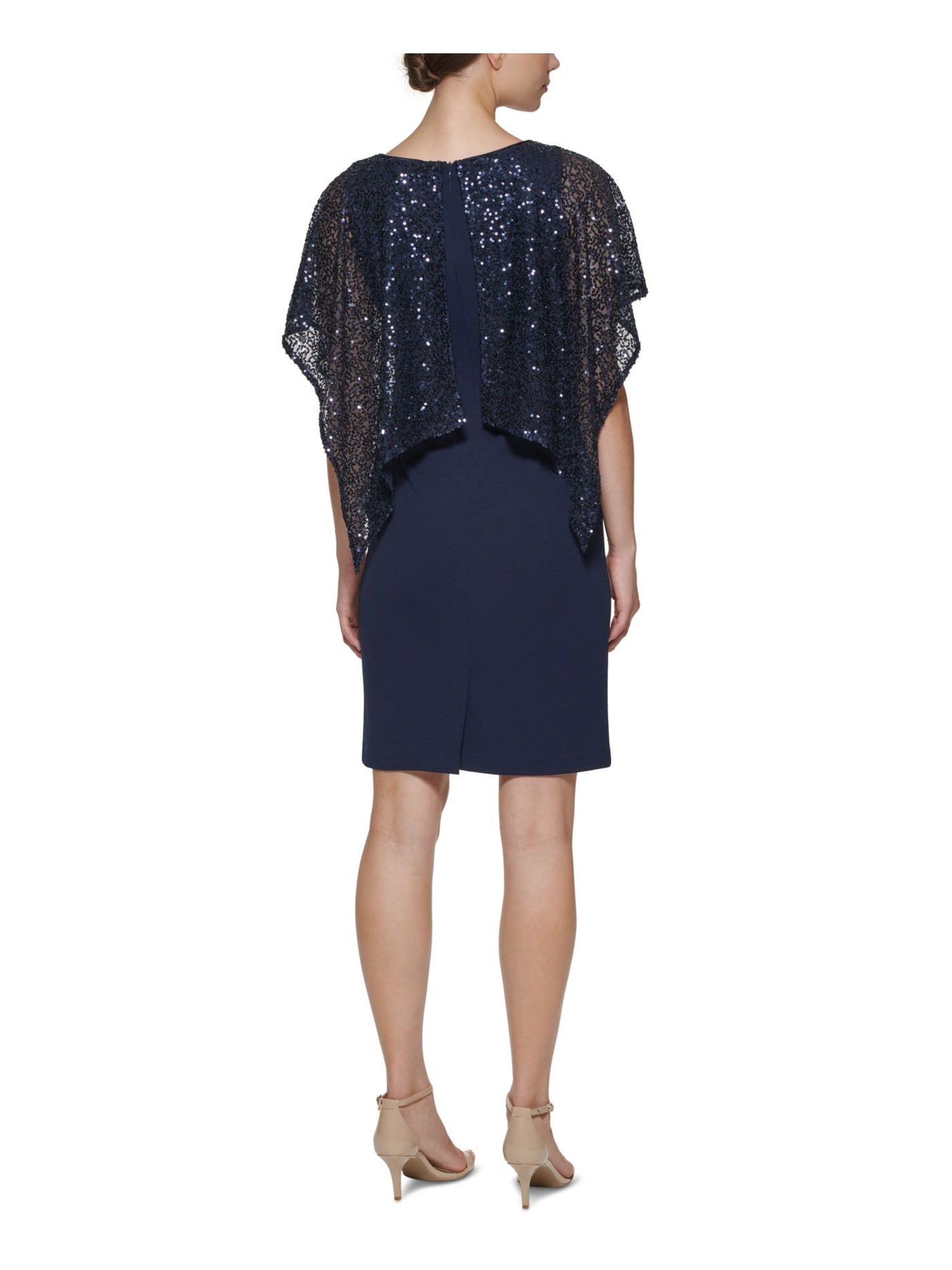 JESSICA HOWARD Womens Navy Sequined Zippered Sheer Draped Overlay Scuba Crepe Short Sleeve Boat Neck Above The Knee Evening Sheath Dress 8