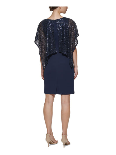 JESSICA HOWARD Womens Navy Sequined Zippered Sheer Draped Overlay Scuba Crepe Short Sleeve Boat Neck Above The Knee Evening Sheath Dress 8