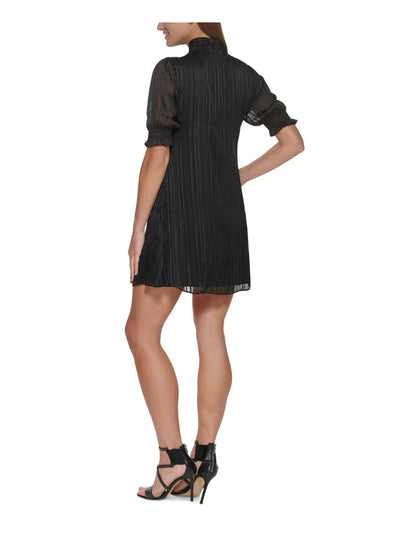 DKNY Womens Black Zippered Smocked Sheer Lined Pinstripe Pouf Sleeve Tie Neck Above The Knee Party Shift Dress 10