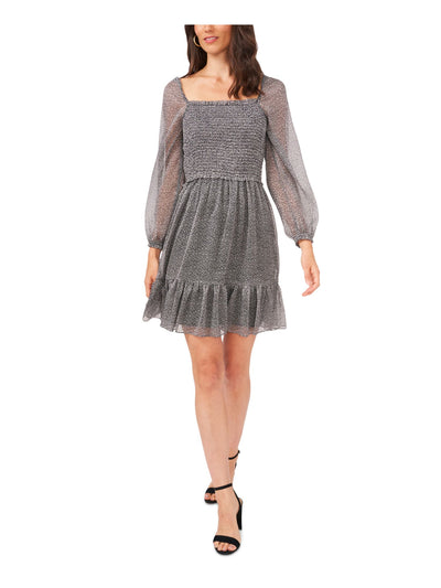 MSK Womens Gray Smocked Ruffled Long Sleeve Square Neck Above The Knee Party Fit + Flare Dress Petites PXL