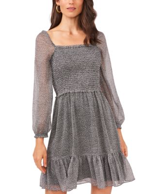 MSK Womens Gray Smocked Ruffled Long Sleeve Square Neck Above The Knee Party Fit + Flare Dress Petites PXL