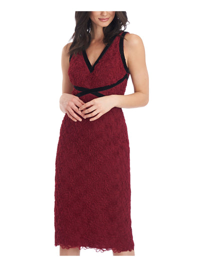 JS COLLECTION Womens Zippered Contrast Velvet Trim Lined Sleeveless V Neck Below The Knee Party Body Con Dress