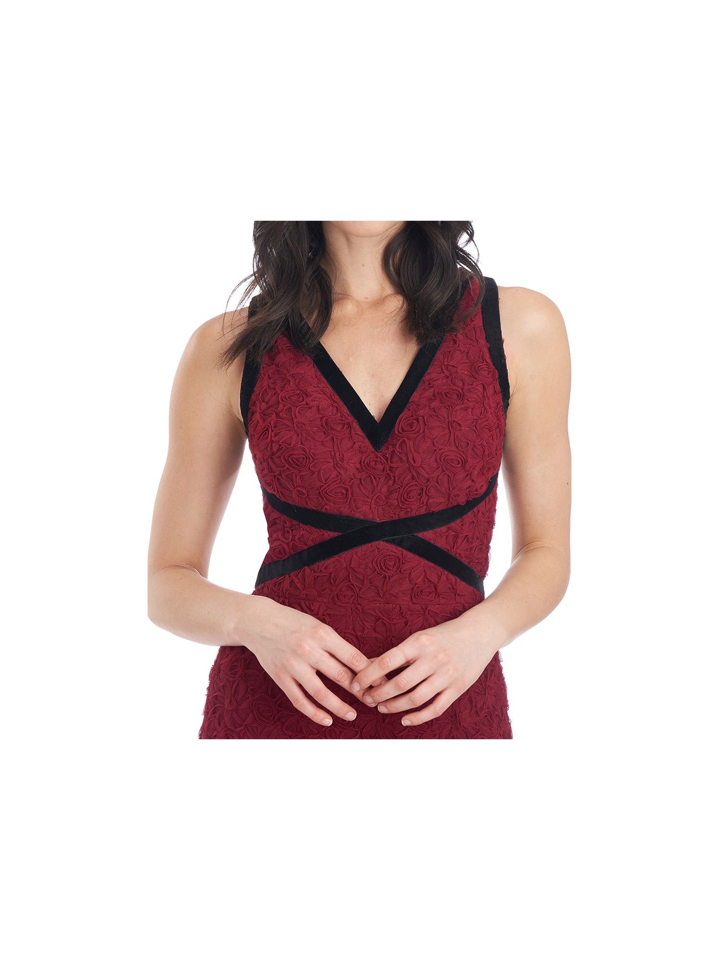 JS COLLECTION Womens Red Zippered Contrast Velvet Trim Lined Sleeveless V Neck Below The Knee Party Body Con Dress 14