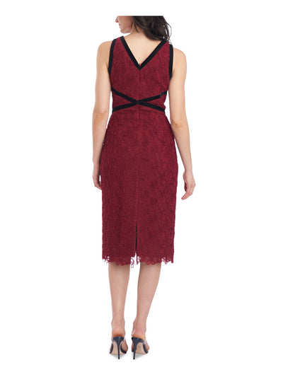 JS COLLECTION Womens Red Zippered Contrast Velvet Trim Lined Sleeveless V Neck Below The Knee Party Body Con Dress 2