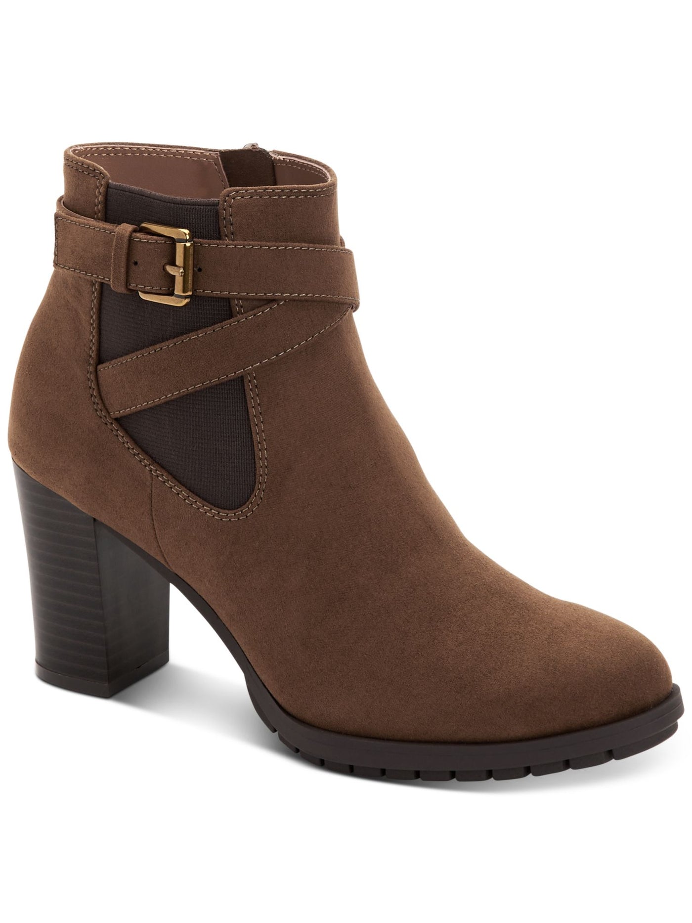 STYLE & COMPANY Womens Brown Cushioned Buckle Accent Goring Laleen Almond Toe Block Heel Zip-Up Booties 5 M