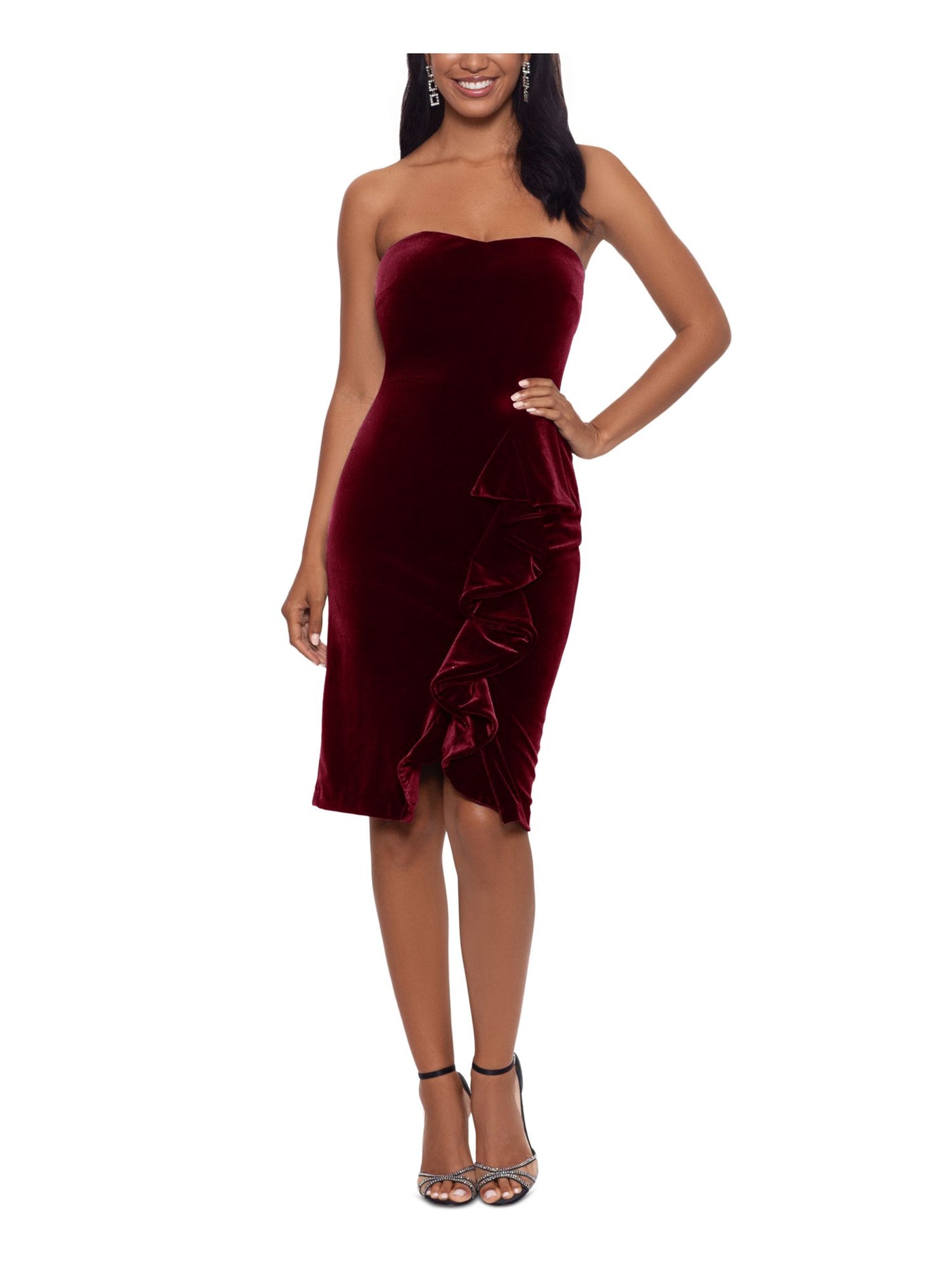 BETSY & ADAM Womens Maroon Stretch Zippered Ruffled Slit  Lined Sleeveless Sweetheart Neckline Above The Knee Evening Sheath Dress 12