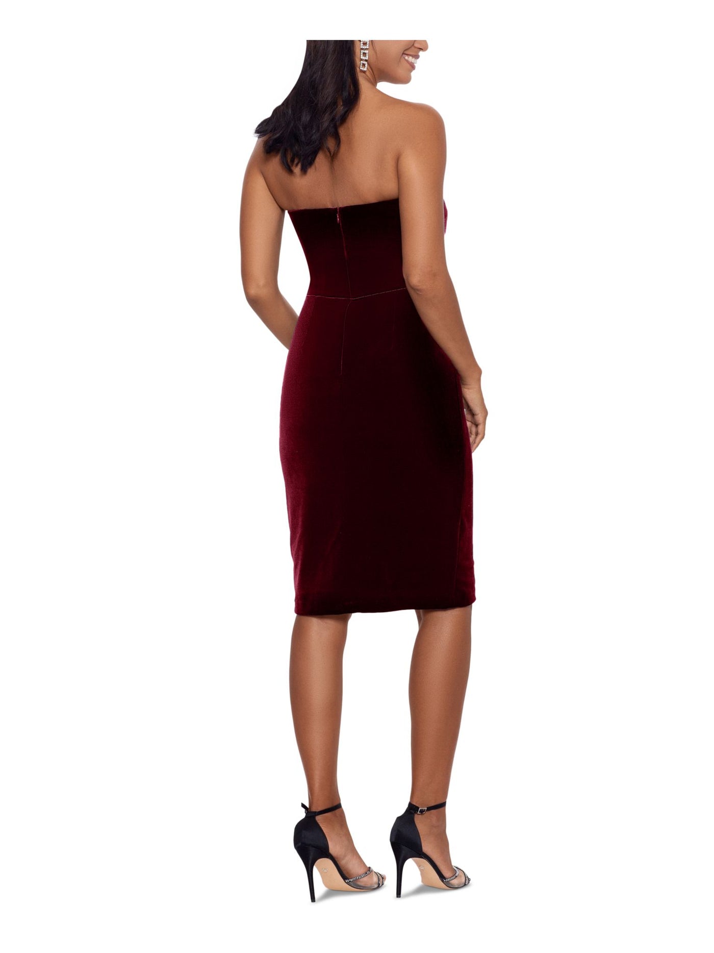 BETSY & ADAM Womens Maroon Stretch Zippered Ruffled Slit  Lined Sleeveless Sweetheart Neckline Above The Knee Evening Sheath Dress 12