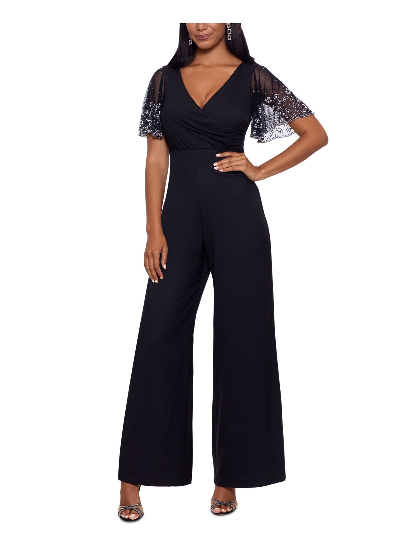 BETSY & ADAM Womens Black Embellished Zippered Beaded Sheer Flutter Sleeve Surplice Neckline Party Wide Leg Jumpsuit 6